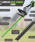 Cordless Hedge Trimmer 22 Inch With 21V Power No Cord Hassle, labeled parts including blade cover, safety guard, dual action steel blades.