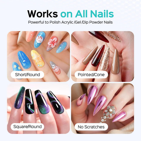 Image showing various nail shapes like short, round, pointed, cone, and square suitable for polishing with Rechargeable Electric Nail Drill 40000 RPM With Portable Nail File And Storage Stand Pro Grade Power For Acrylic Gel Polishing And Removing Safe Easy To Use At Home DIY Or Salon Sessions Pink.