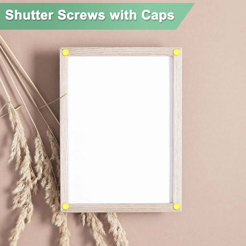 200 Pack Plastic Hinged Screw Cover Caps conceal exposed bolt heads on shutter screws with yellow caps, ideal for decor.