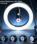 Pro-Grade Dual-Lens Endoscope With Light showing adjustable LEDs and close view of 70 degree angle lens.
