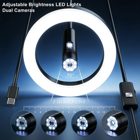 Pro-Grade Dual-Lens Endoscope With Light showing adjustable LEDs and close view of 70 degree angle lens.