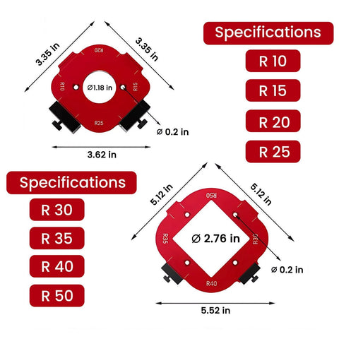 Aluminum 4 In 1 Rounded Corner Router Template Kit with arc sizes R10-R50 for woodworking, red aluminum design