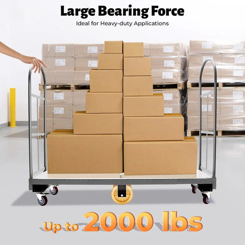 Heavy-Duty Platform Dolly For Industrial Transport 64.6 Inch Long Steel Cart With 6 Wheels 2000 Lb Capacity Removable Side Rails Non Slip Raised Surface Ideal Hand Truck For Workshop Warehouse Moves Workhorse loaded with boxes in warehouse