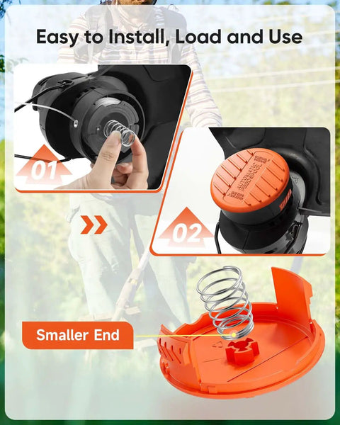 Universal Replacement Spool Cap 4 Pack RC100P For Weed Eater And String Trimmer Parts, showing installation with spring and cap