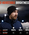 Man wearing Unisex Beanie With Light Headlamp Knit Cap For Hiking And Camping Rechargeable LED Illuminated Winter Gear.