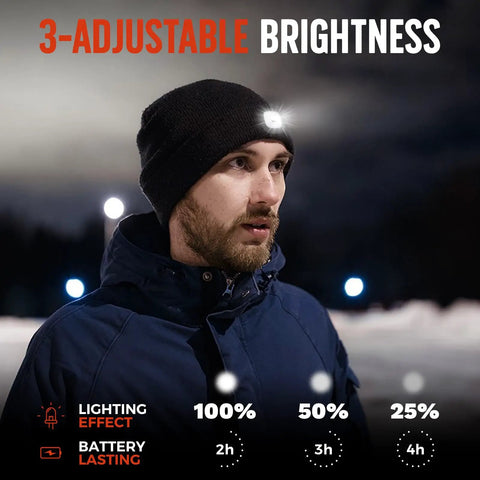 Man wearing Unisex Beanie With Light Headlamp Knit Cap For Hiking And Camping Rechargeable LED Illuminated Winter Gear.