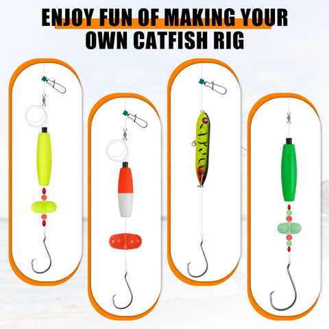 All In One Catfish Rig Making Kit Pro Grade Tackle Set 135 Pieces With Catfish Floats Hooks Swivels and Rattles displayed