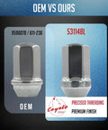 OEM vs Our lug nuts comparison, showing GM 9596070, 611-236 next to 24 Pc OEM Style M14x1.5 Lug Nuts Set with chrome finish.