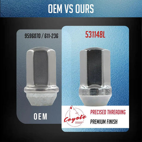 OEM vs Our lug nuts comparison, showing GM 9596070, 611-236 next to 24 Pc OEM Style M14x1.5 Lug Nuts Set with chrome finish.