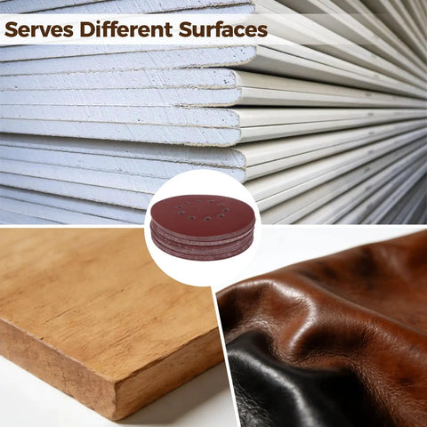 Top 50 Pack Professional Sanding Discs For Drywall Sander And Woodworking Tasks With 60 To 240 Grit Aluminum Oxide Paper plus dust holes, shown on wood and other surfaces.