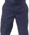 Mens Original Straight Leg Work Pants Rock Solid Heavy Duty Uniform Trousers Built Different For The Daily Grind Dark Navy Poly Cotton Blend Wrinkle And Stain Resistant Job Site Ready Apparel 30W X 34L close-up view showing the waistband and front detailing.