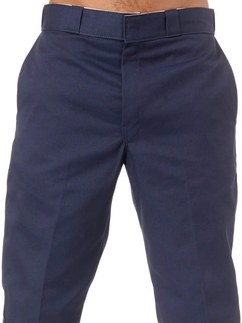 Mens Original Straight Leg Work Pants Rock Solid Heavy Duty Uniform Trousers Built Different For The Daily Grind Dark Navy Poly Cotton Blend Wrinkle And Stain Resistant Job Site Ready Apparel 30W X 34L close-up view showing the waistband and front detailing.