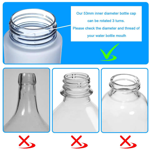 Six Pack Of 53Mm Screw On Water Bottle Caps With Foam Lined Leak Free Seal For 5 Gallon Jugs Rock Solid Replacement Lids 53 400 Thread Size Easy Change White image showing compatible bottle necks.