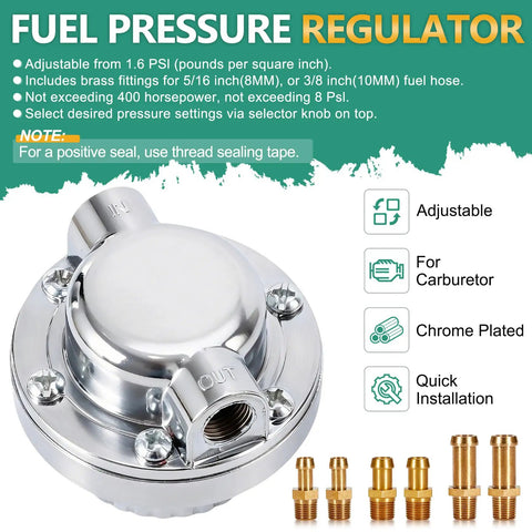 Adjustable Carb Fuel Pressure Regulator Kit 1 To 5 PSI Universal With chrome finish and brass fittings for carburetor systems.