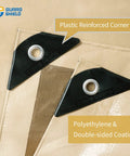Close-up of beige 12x20 ft heavy duty waterproof tarp with grommets every 3 ft, showing plastic reinforced corner and polyethylene material.