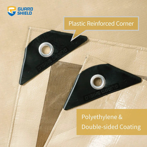 Close-up of beige 12x20 ft heavy duty waterproof tarp with grommets every 3 ft, showing plastic reinforced corner and polyethylene material.