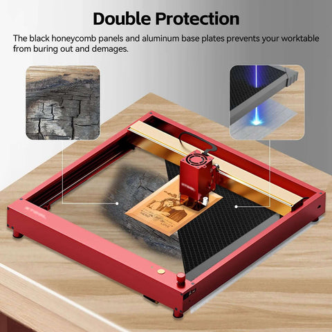 UniTak3D honeycomb laser bed with red frame and aluminum base plate for XTool engravers; 18.11x18.11 in working area.