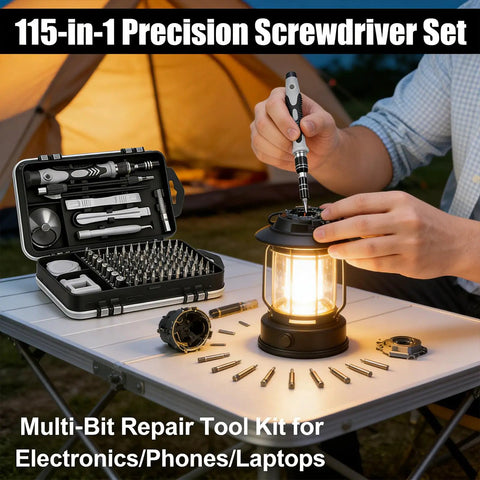 115 In 1 Precision Screwdriver Set For Phone Computer Watch Console Eyeglasses And Electronics Portable Gray Pro Repair Tool Kit displayed on table outdoors with open case and lantern.