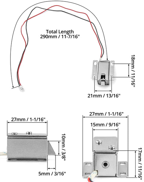 Compact 12V Direct Current Electromagnetic Solenoid Lock 4 Pack Slide Bolt showing dimensions and wiring layout.