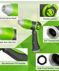 Detailed view of 2 Pack Garden Hose Nozzle Set with Thumb Control Sprayer and Adjustable High Pressure Nozzle, slip-resistant grip, 10 patterns for plants, lawn, garden, car wash, pet shower, patio cleaning, featuring spray head, anti-slip dial, TPU handle, thread fittings, and rubber gasket.