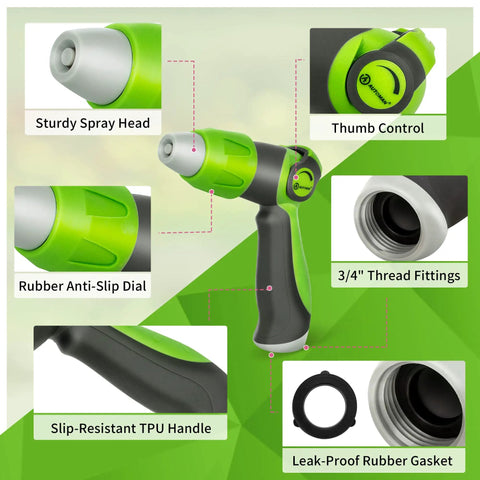 Detailed view of 2 Pack Garden Hose Nozzle Set with Thumb Control Sprayer and Adjustable High Pressure Nozzle, slip-resistant grip, 10 patterns for plants, lawn, garden, car wash, pet shower, patio cleaning, featuring spray head, anti-slip dial, TPU handle, thread fittings, and rubber gasket.