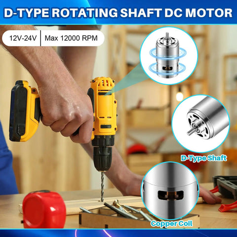Using 4 Pack 12V To 24V 775 DC Electric Motors with GT2 Wheels in a drill, highlighting D-shaped shaft and copper coil features.