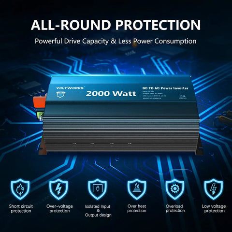 2000W 12V DC To 110V AC Power Inverter With Remote Control And 3 AC Outlets 2.4A USB Port UL Fuses with protection icons