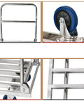 Foldable Hand Truck Cart For Heavy Duty Moving With Hollow Flatbed Platform Designed For Easy Transport Of Luggage Boxes And Grocery Runs Ideal For Home Office Warehouse Use, stainless steel frame and blue wheel close-up