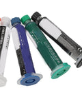 Six Pack Solder Mask Ink For PCB Soldering And BGA Repair, Light Cure Mask Paint, various colors, in 10cc tubes on white surface