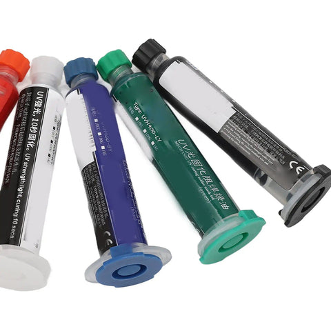 Six Pack Solder Mask Ink For PCB Soldering And BGA Repair, Light Cure Mask Paint, various colors, in 10cc tubes on white surface