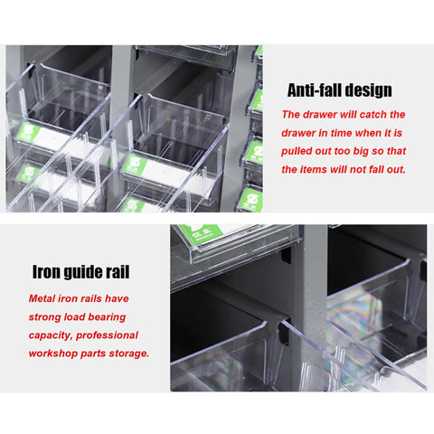 Close-up of anti-fall design and iron guide rail on Bolt And Nut Storage Cabinet For Garage With 100 Plastic Small Drawers, Heavy Duty Cold Rolled Steel Metal Parts Organizer, Clear View Drawers, Pro Grade Tool Cabinet For Small Parts And Hardware.