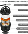 Exploded view of 32 Oz Thermo Food Jar For Hot Meals Keeps Soup Warm For Hours Vacuum Insulated Stainless Steel Bento Box Lunch Container With Wide Mouth Leakproof Design Includes Spoon For School Office Or On The Go, showing components and labels.