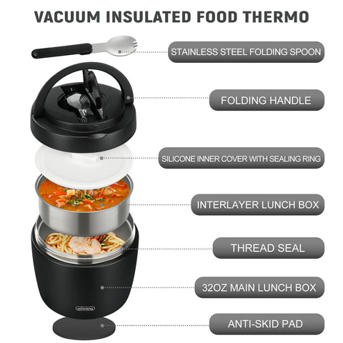 Exploded view of 32 Oz Thermo Food Jar For Hot Meals Keeps Soup Warm For Hours Vacuum Insulated Stainless Steel Bento Box Lunch Container With Wide Mouth Leakproof Design Includes Spoon For School Office Or On The Go, showing components and labels.