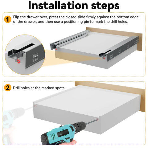 Installation steps for Soft Close Bottom Mount Drawer Slides For 21 Inch Cabinets with rear mount brackets and screws