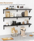 Legit Heavy Duty Floating Wall Shelves Set of Three, Slick 36 Inch by 8 Inch Black Bookshelf for Bedroom Living Room Office, shelves with decor and kitchen items.