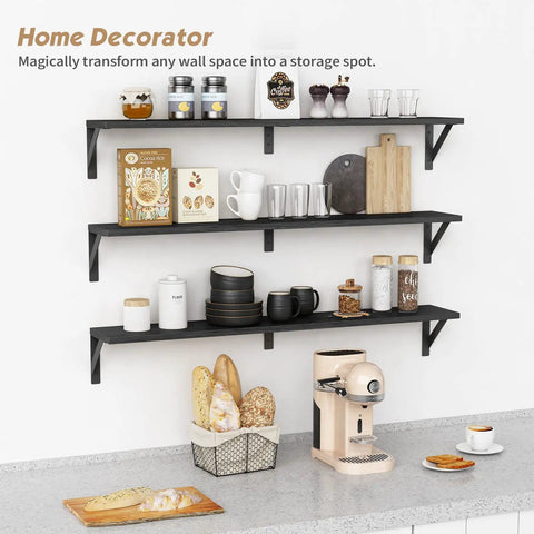 Legit Heavy Duty Floating Wall Shelves Set of Three, Slick 36 Inch by 8 Inch Black Bookshelf for Bedroom Living Room Office, shelves with decor and kitchen items.