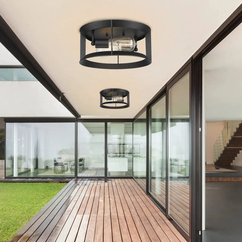 Dope Industrial Matte Black Flush Mount Ceiling Light Fixture With Two Lights E26 Sockets Close To Ceiling For Indoor Outdoor Use In Porch Hallway Kitchen Living Room And Bedroom