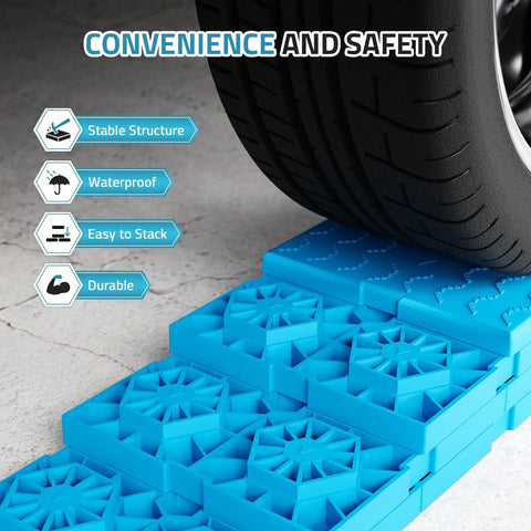Heavy Duty Rv Leveling Blocks 12 Pack With Velcro Straps Interlocking Stackable Jack Pads For Camper Travel Trailer Adjustable Height No Sweat Setup Rock Solid Blue under a tire on the ground.