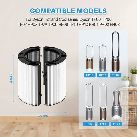 360 Degree Glass HEPA Plus Carbon Air Purifier Filter with Dyson models like Pure Cool, Pure Hot Cool Cryptomic, and Humidify Cool.