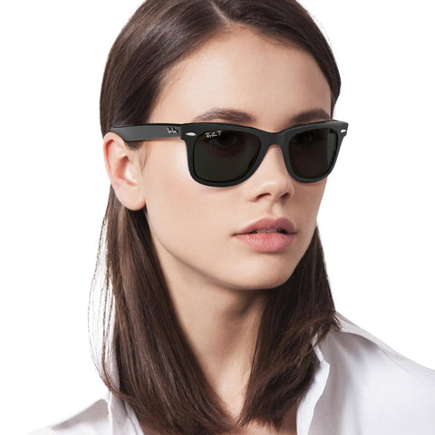 Original Wayfarer Polarized Sunglasses With Classic Square Frame Black And Green Lens Combo 50mm Size UV Protection on model
