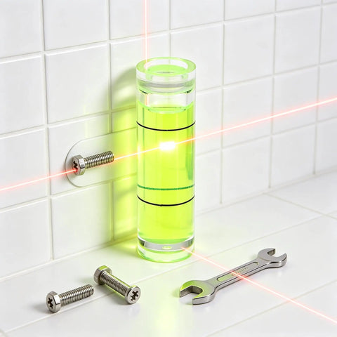 6Pcs Small Cylindrical Bubble Level Vials 10X35Mm Pmma Mini with screws and wrench on tiled wall, featuring bright green liquid.