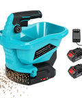 Cordless Power Seed Spreader Handheld With Dual 20V Batteries, electric lawn spreader in blue, battery powered yard tool