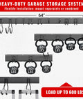 Heavy Duty Wall Mount Garage Tool Organizer System With 64 Inch Rail And 11 Adjustable Hooks For Shovels, Rakes, Ladders, Power Tools, Garden And Yard Tools, Easy Install, Max Storage And Quick Access