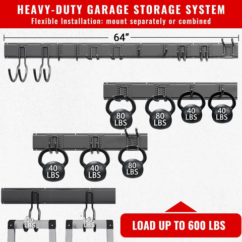 Heavy Duty Wall Mount Garage Tool Organizer System With 64 Inch Rail And 11 Adjustable Hooks For Shovels, Rakes, Ladders, Power Tools, Garden And Yard Tools, Easy Install, Max Storage And Quick Access