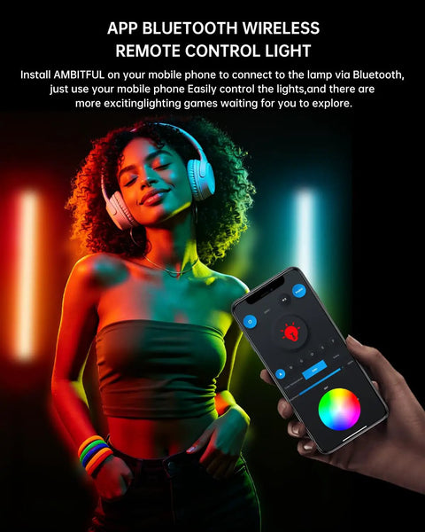 Person using app controlled Magnetic RGB LED Light Wand Pro for content creators, displaying vibrant colors in dark environment.
