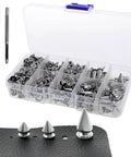 359 Piece Punk Spikes And Studs Kit In Zinc Alloy Silver Cone Spikes And Rivets with toolbox, punch and screwdriver