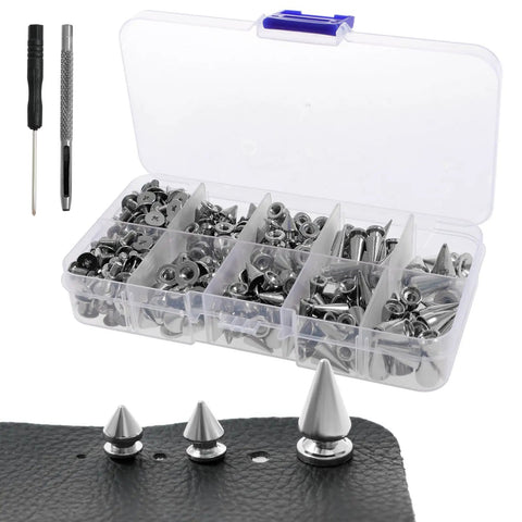 359 Piece Punk Spikes And Studs Kit In Zinc Alloy Silver Cone Spikes And Rivets with toolbox, punch and screwdriver