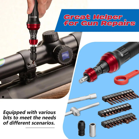 One Quarter Inch Torque Screwdriver Set For Gunsmithing With Pro Grade Feel And Adjustable From Ten To Sixty Inch Pounds Thirty Six Piece Bit Kit Including Philips Hex Slotted And Torx S2 Steel Bits And Aluminum Handle For Tough Reliable Performance on rifle scope