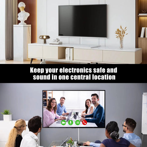 Living room with a TV and modern furniture, showcasing the Hassle Free 3 Foot Flat Plug Extension Cord Power Strip With Three Upward Outlets Low Profile Design.
