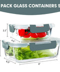 10 Pack Glass Meal Prep Containers With Airtight Lids filled with vegetables, 34oz and 12oz sizes, gray clips shown from side